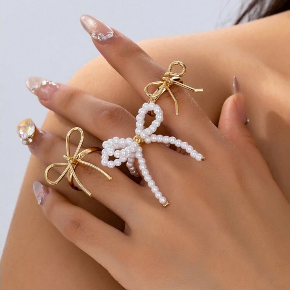 Metallic Beaded Bow 3 Pc Ring Set NEW 🏷️